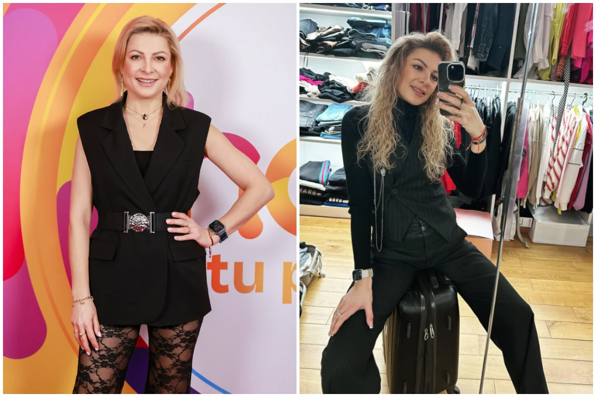 //www.instagram.com/madzia_pim/?hl=pl Kobieta w stylizowanym czarnym stroju, na lewej części zdjęcia pozuje na tle kolorowej ściany z logo, natomiast po prawej stronie siedzi z telefonem w ręku robiąc selfie w garderobie lub sklepie odzieżowym, w tle widoczne półki z ubraniami.