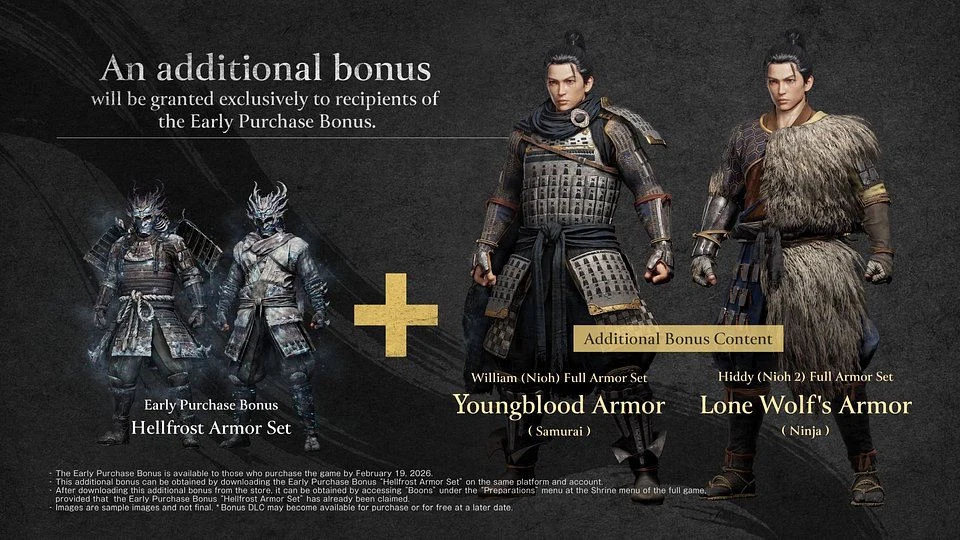 Cztery szczegółowo zaprojektowane postacie w różnorodnych zbrojach, w tym dwie postacie w zbrojach fantasy z efektem lodu po lewej stronie oraz dwie sylwetki bohaterów w strojach inspirowanych samurajami oraz wojownikami ninja po prawej stronie. Duży n...