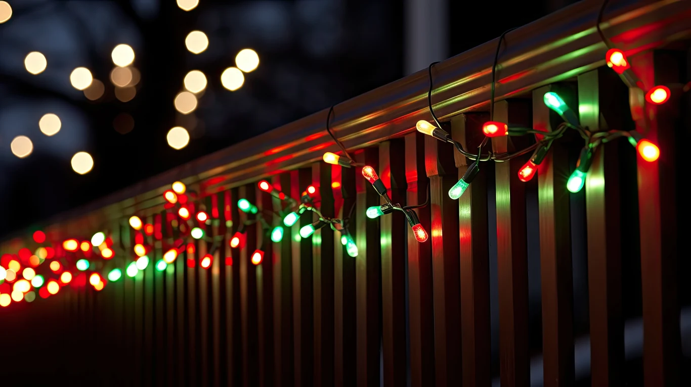 Kolorowe lampki choinkowe w odcieniach czerwieni, zieleni i bieli zawieszone na metalowej balustradzie, tworzące świąteczną atmosferę. W tle widać rozmyte światła, sugerujące wieczorną lub nocną porę.
