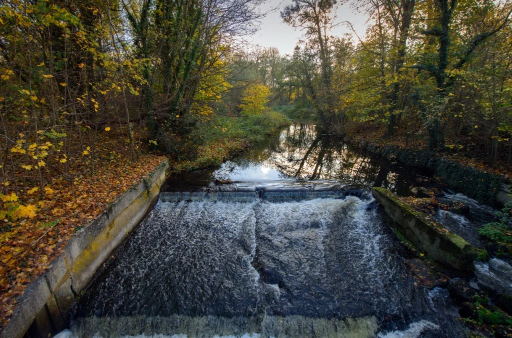 Mały wodospad na rzece otoczony lasem w jesiennych barwach, obramowania betonowe po bokach, delikatne fale wody i odbicia drzew na powierzchni rzeki.