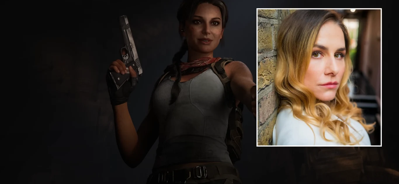 Młoda kobieta z półdługimi włosami trzymająca pistolet, ubrana w sportowy top i szalik na szyi, o pewnej siebie postawie na ciemnym tle; w prawym górnym rogu wstawione zdjęcie portretowe innej kobiety o jasnych włosach na tle ceglastej ściany.