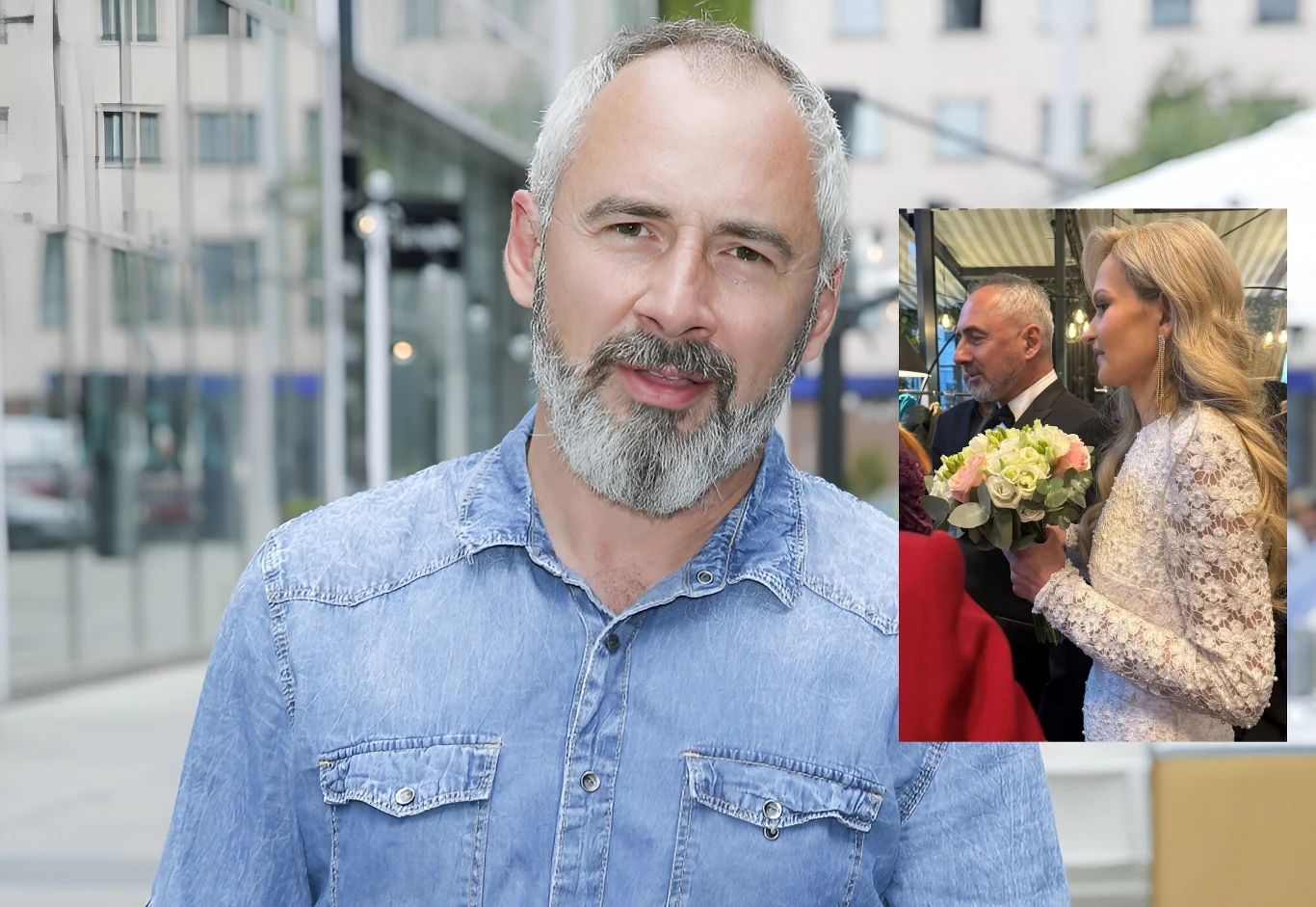 Jacek Kopczyński wziął ślub z Agnieszką Kustosz Mężczyzna z siwą brodą w dżinsowej koszuli stoi na tle miejskiej ulicy ze szklanymi budynkami. W prawym dolnym rogu znajduje się wstawione zdjęcie przedstawiające parę trzymającą bukiet kwiatów, kobieta w białej sukni koronkowej, mężczyzna w garniturze.