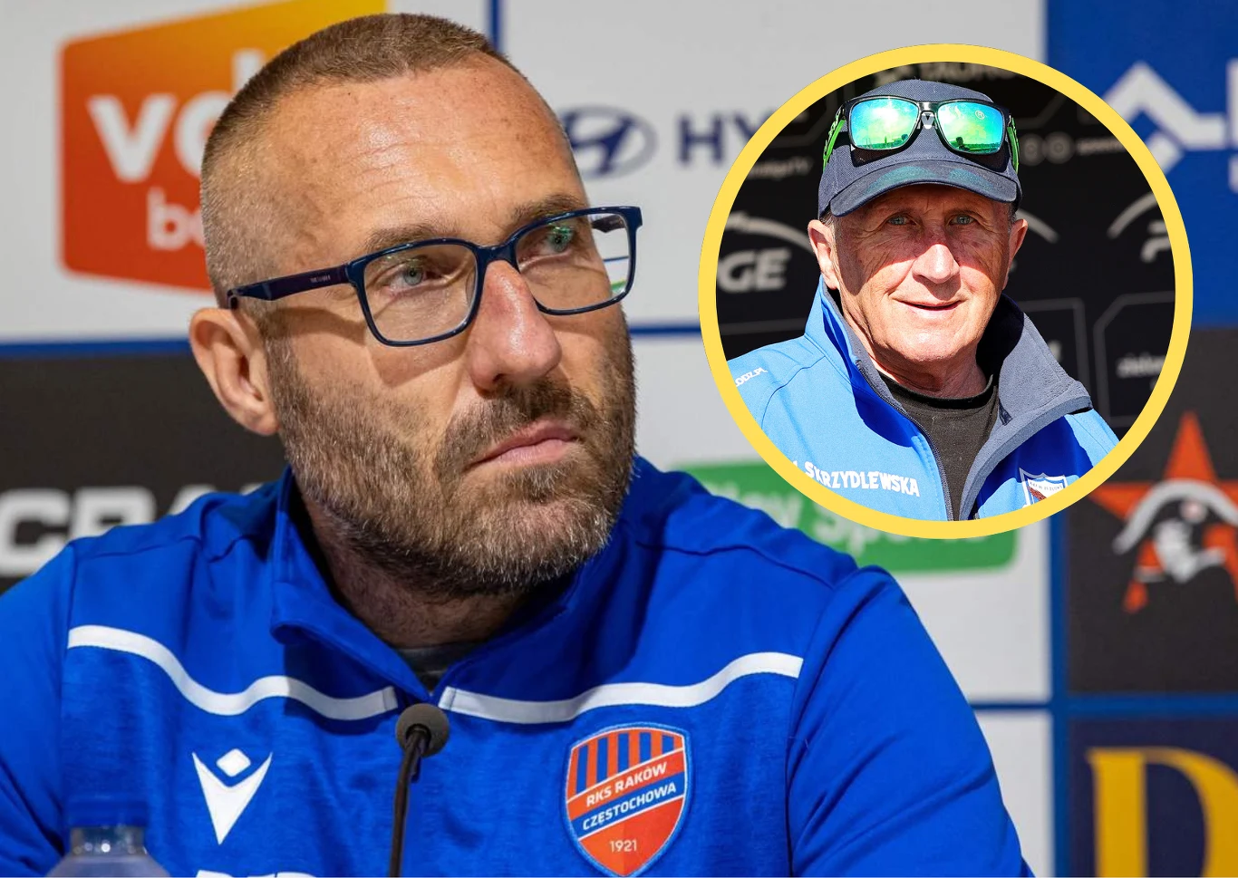 Marek Papszun kolejny raz zaskoczył dziennikarzy. Wyjawił, co myśli na temat żużla Mężczyzna w niebieskiej sportowej bluzie z logo klubu piłkarskiego siedzi przed mikrofonem, w tle rozmyte logo sponsorów, na górze po prawej stronie znajduje się okrągłe wstawienie ze starszym mężczyzną również w sportowej odzieży i z okularami na czapce.