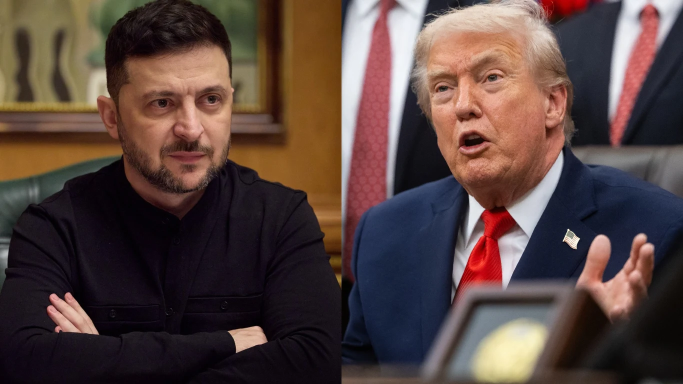 Prezydent Wołodymyr Zełenski zabrał głos po spotkaniu z przedstawicielami USA w Berlinie Portret dwóch mężczyzn siedzących osobno, po lewej mężczyzna z zarostem ubrany na czarno z założonymi rękami, po prawej mężczyzna w garniturze z czerwonym krawatem podczas rozmowy, w tle osoby oraz elementy wnętrza.