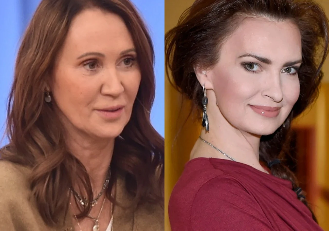 Anna Nowak-Ibisz, Agnieszka Maciąg Dwie kobiety widoczne w bliskim kadrze, po lewej ujęcie rozmówczyni w brązowym swetrze, po prawej kobieta w bordowej sukni z biżuterią i długimi kolczykami, patrząca w stronę obiektywu.