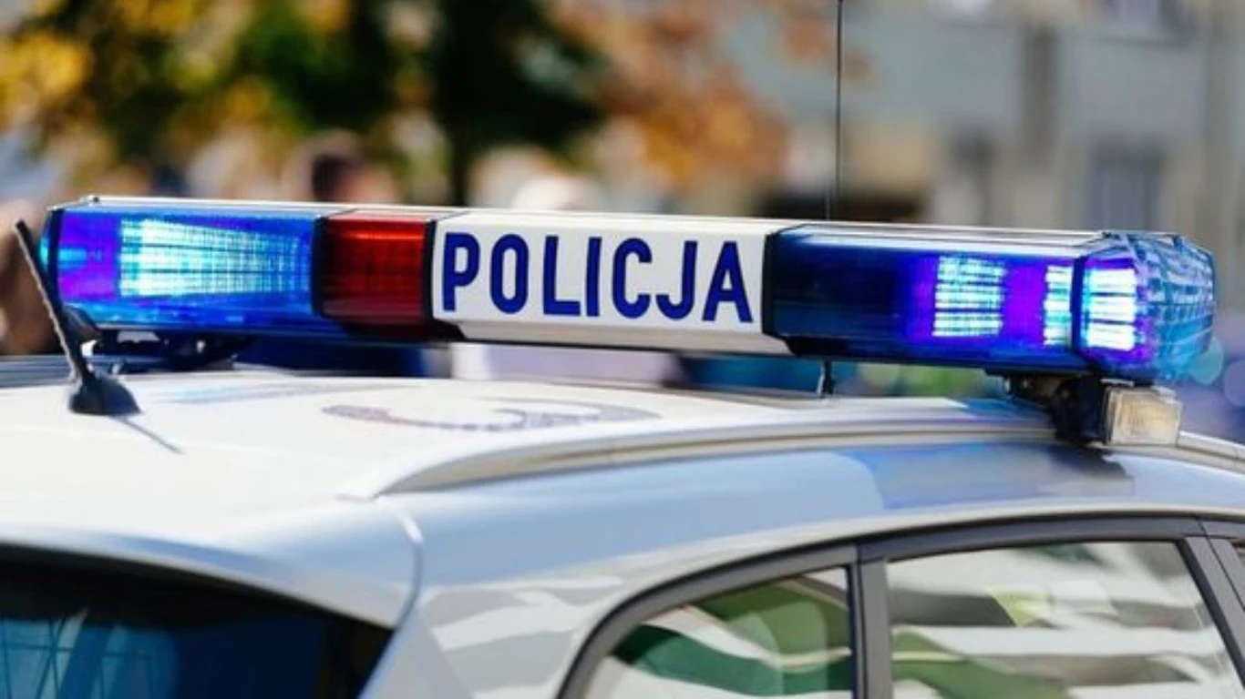 Niebiesko-czerwone sygnały świetlne zamontowane na dachu radiowozu policji z widocznym napisem POLICJA, w tle rozmyte drzewa i zabudowania.