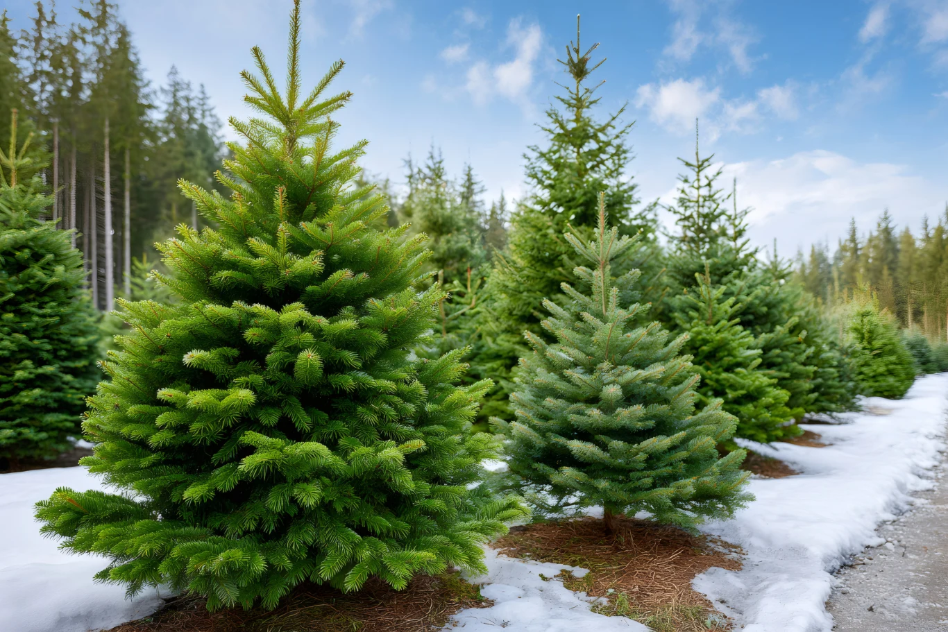 Naturalna znaczy "zielona"? Najczęściej tak, szczególnie jeśli wybieramy lokalne plantacje Szereg zielonych drzewek choinkowych na plantacji iglaków, fragmenty zasypanej śniegiem ziemi oraz las w tle pod błękitnym niebem z lekkimi chmurami.
