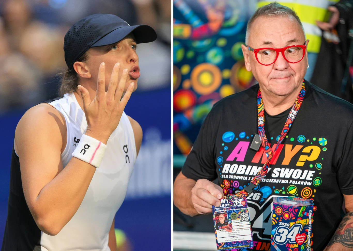 Iga Świątek oraz Jerzy Owsiak - założyciel WOŚP Po lewej stronie kobieta w sportowej odzieży i czapce z daszkiem wykonuje gest dłonią w dynamicznej pozie, w tle rozmazane trybuny. Po prawej stronie starszy mężczyzna w okularach z czerwoną oprawką, kolorowa koszulka i identyfikatory zawieszone na szy...