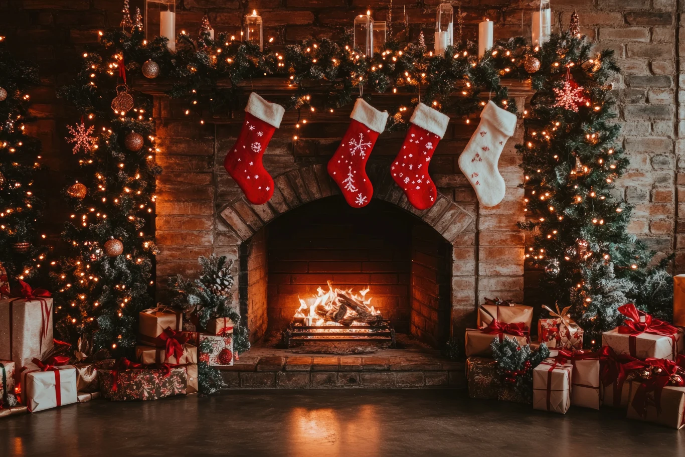 Ralph Lauren Christmas to bogato zdobione święta, wyróżniające się głęboką zielenią i tartanem Kominek ozdobiony girlandami, świątecznymi skarpetami oraz światełkami. Palący się ogień tworzy ciepłą atmosferę, wokół którego ustawiono liczne prezenty świąteczne, a całość dopełniają świece i bombki.