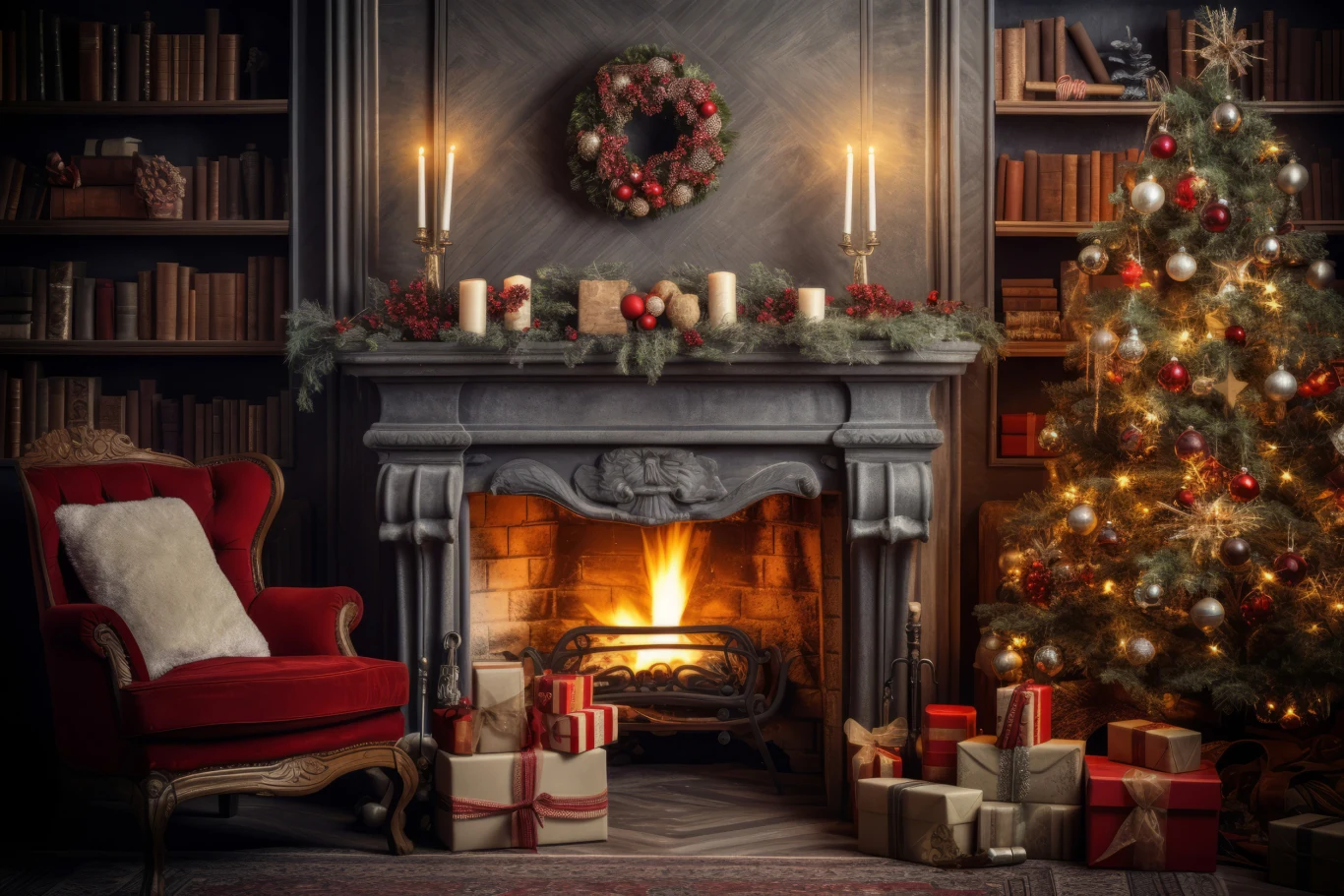 Ralph Lauren Christmas podbija świąteczny internet. Co się kryje za popularnym trendem? Kominek z palącym się ogniem ozdobiony świątecznymi świecami i girlandą, po prawej stronie udekorowana choinka z lampkami i bombkami otoczona prezentami, po lewej czerwony fotel z poduszką, na tle regałów z książkami.