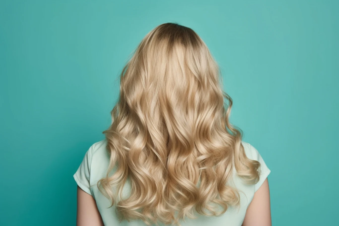 Taki skręt błyszczy na zdjęciach, nie puszy się od wilgoci z kuchni i nie dodaje lat przesadną sprężynką Długie, falowane, blond włosy kobiety sfotografowane od tyłu na jednolitym turkusowym tle.