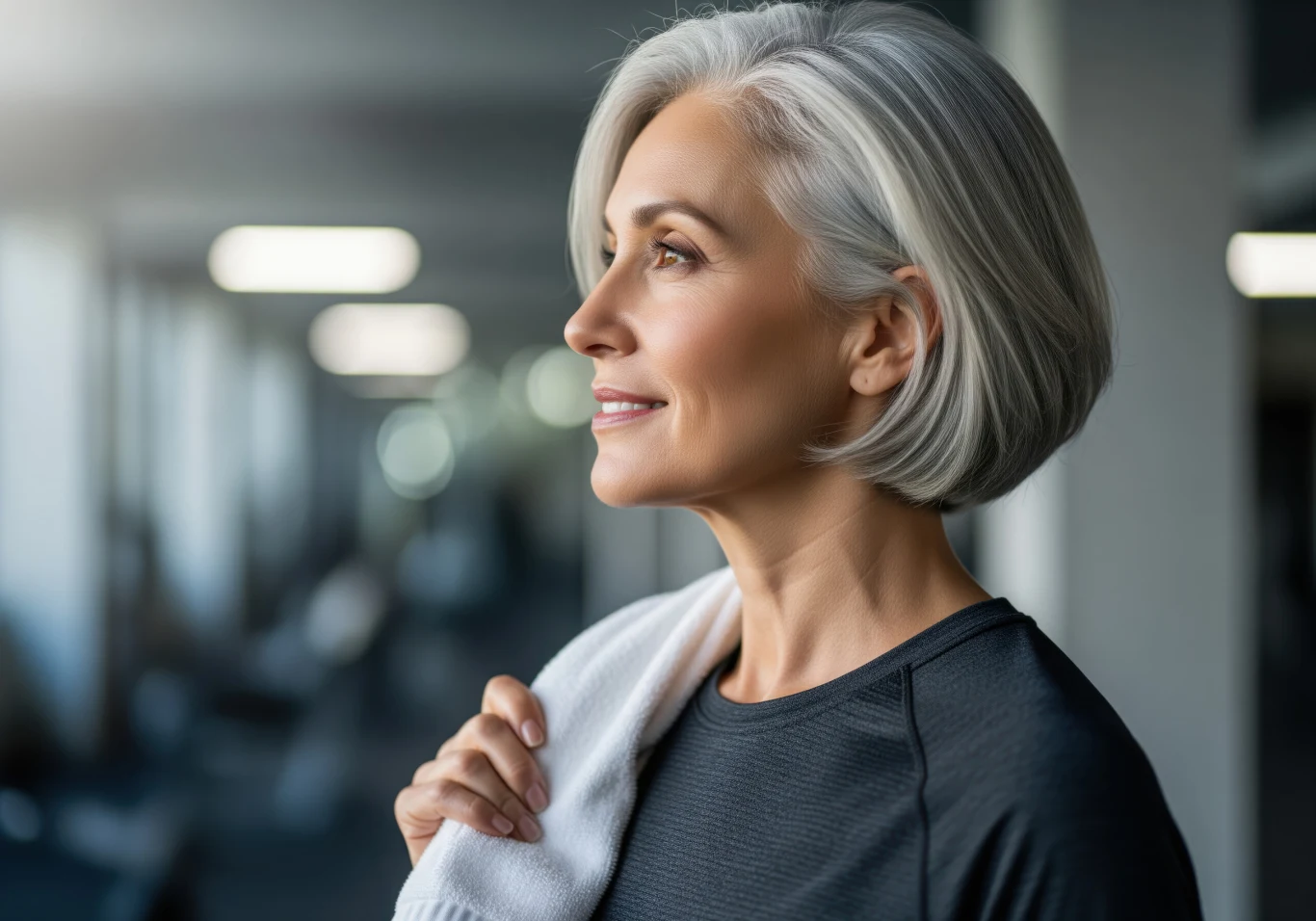 Starsza kobieta o krótkich, siwych włosach patrzy z uśmiechem w bok, trzymając na ramieniu biały ręcznik. Ubrana jest w ciemny sportowy strój, a rozmyte tło sugeruje, że znajduje się w siłowni lub klubie fitness.