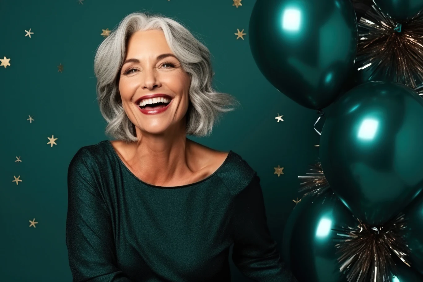 Szczęśliwa kobieta z siwymi włosami, ubrana w elegancką, zieloną sukienkę, śmieje się w otoczeniu zielonych balonów i złotych gwiazdek na ciemnozielonym tle.