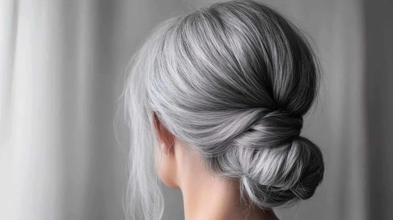 Klasyka bez ciężaru Siwe, starannie upięte włosy kobiety widoczne z tyłu na tle delikatnie rozmytej, jasnej kurtyny. Gładka fryzura podkreśla elegancję i naturalność.