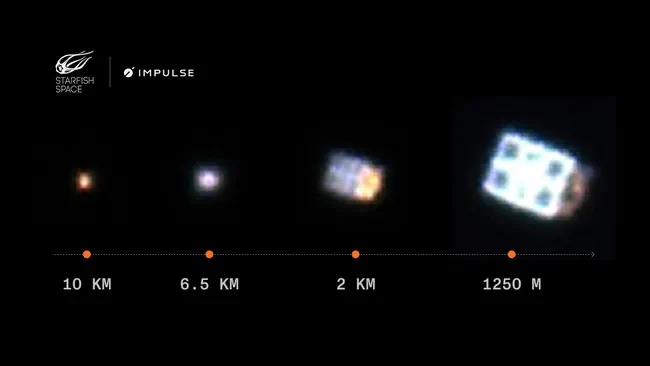 Progresywne zbliżenie obiektu w przestrzeni kosmicznej na tle czarnej przestrzeni, ukazane na czterech etapach z różnej odległości, z oznaczeniem dystansu w kilometrach i metrach, z widocznymi logotypami Starfish Space i Impulse.