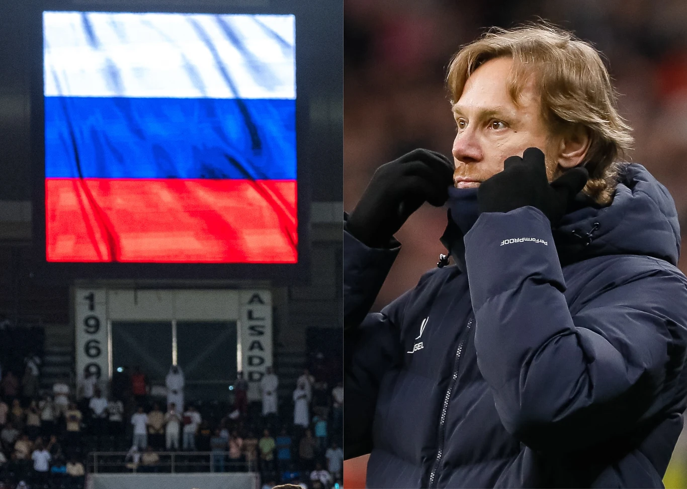 Z lewej strony wyświetlona duża rosyjska flaga na stadionowym telebimie, poniżej widoczny tłum ludzi. Z prawej strony mężczyzna w ciemnej kurtce, z rękami przy twarzy, na tle nieostrego stadionu.