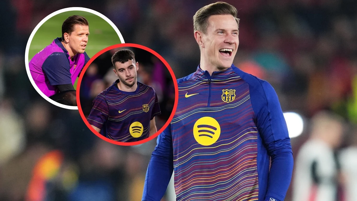 Marc-Andre ter Stegen, Wojciech Szczęsny i Joan Garcia Piłkarz w stroju treningowym FC Barcelony stoi na boisku, uśmiechnięty, w tle rozmazana publiczność. Dwa mniejsze okrągłe kadry z wizerunkami innych piłkarzy w strojach treningowych są umieszczone w lewym górnym rogu obrazu.