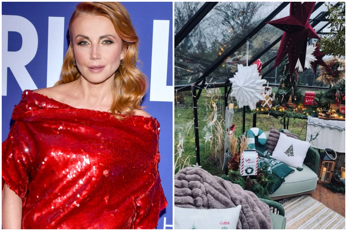 Po lewej stronie kobieta w czerwonej, błyszczącej sukience na tle niebieskiej ścianki, po prawej przytulne wnętrze szklarni udekorowane na święta z poduszkami, kocem i dekoracjami w stylu bożonarodzeniowym.