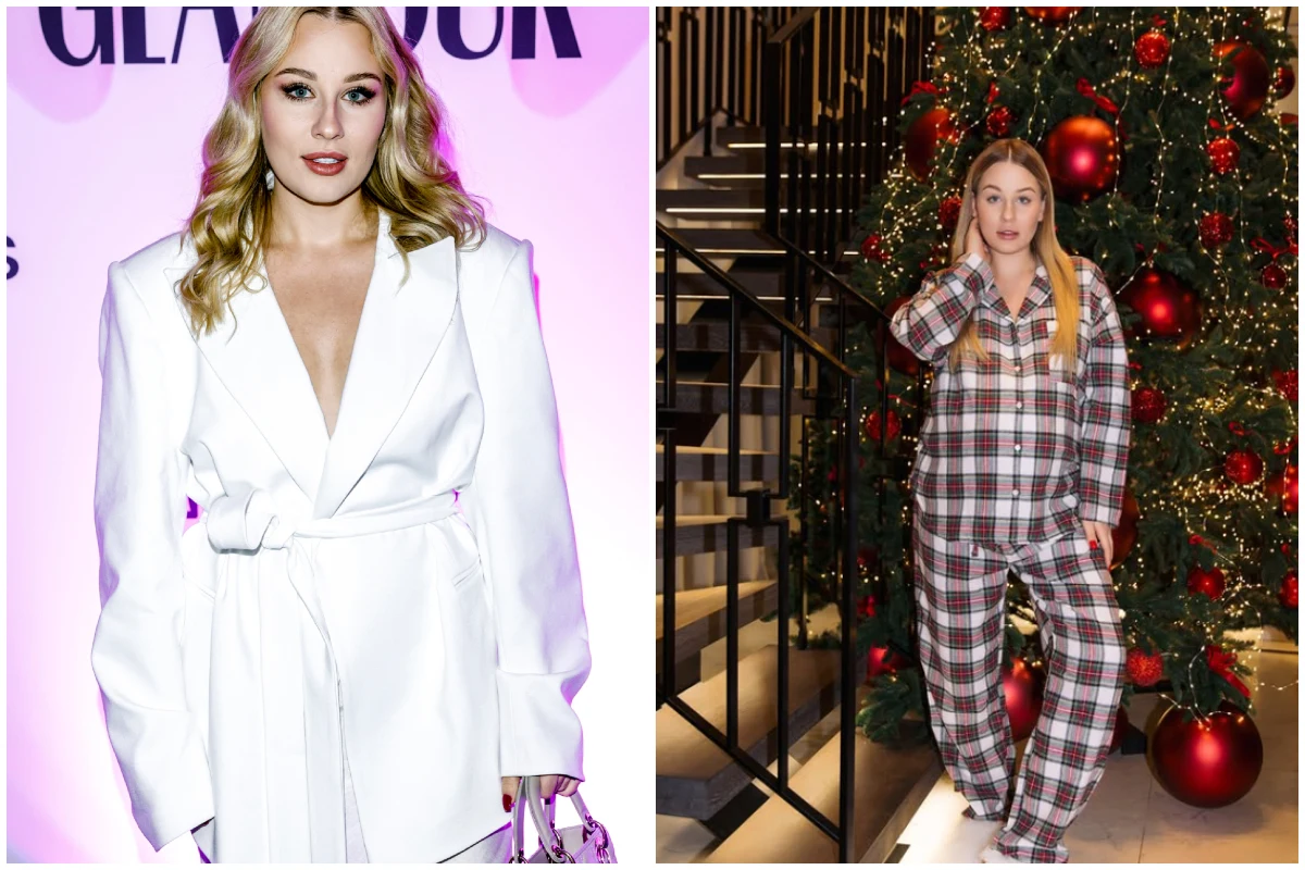 Kobieta w eleganckim białym garniturze na tle fioletowej ścianki oraz ta sama kobieta w luźnej piżamie w kratę, stojąca przy dużej, udekorowanej choince wewnątrz budynku.