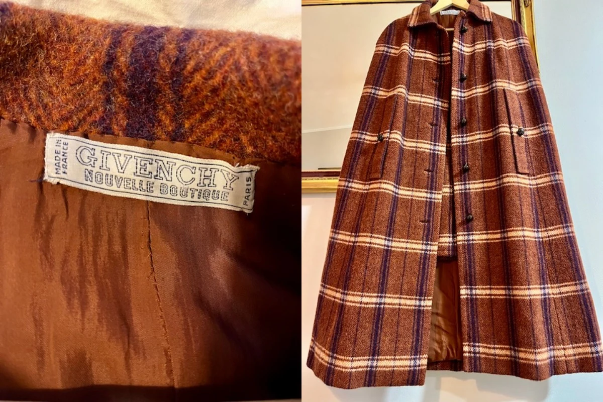 Brązowo-bordowe, wełniane ponczo w kratę na podszewce, z metką marki Givenchy z butikowej linii Nouvelle Boutique.