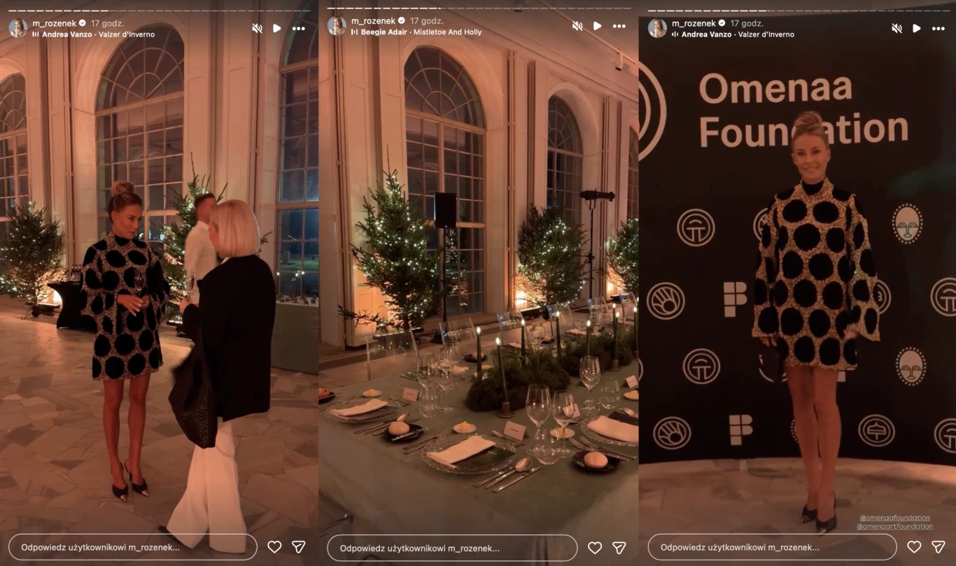 Małgorzata Rozenek-Majdan na przyjęciu Omeny Mensah Elegancka kobieta w czarnej sukience w wyrazisty wzór oraz druga kobieta rozmawiają w stylowym, przestronnym wnętrzu z dużymi oknami i nastrojowym oświetleniem. Na jednym ze zdjęć widoczny jest również długi stół uroczyście ustawiony na przyjęcie oraz ...