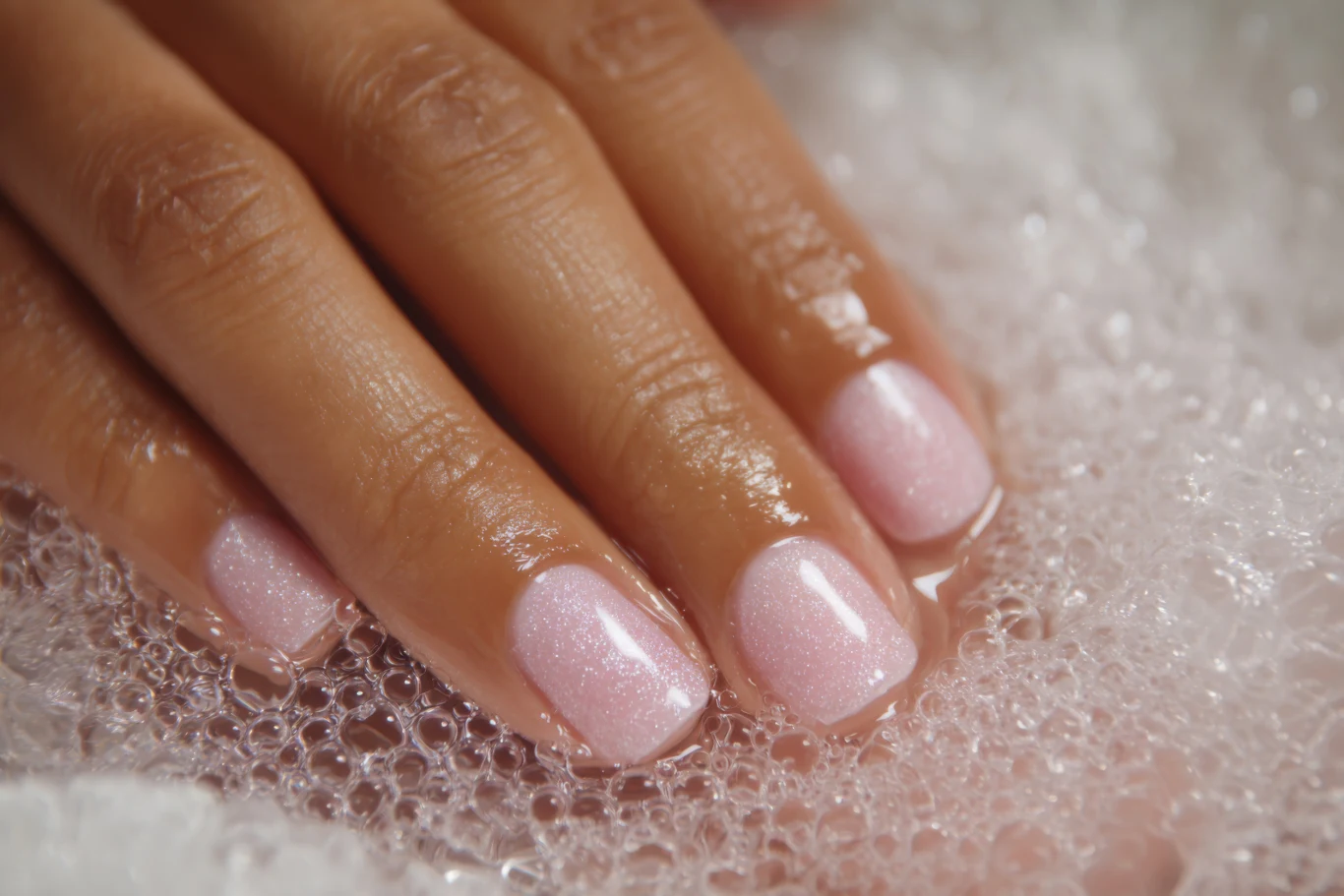 Dłoń z zadbanymi, różowymi paznokciami zanurzona w pianie, wyraźnie widoczne błyszczące wykończenie manicure.