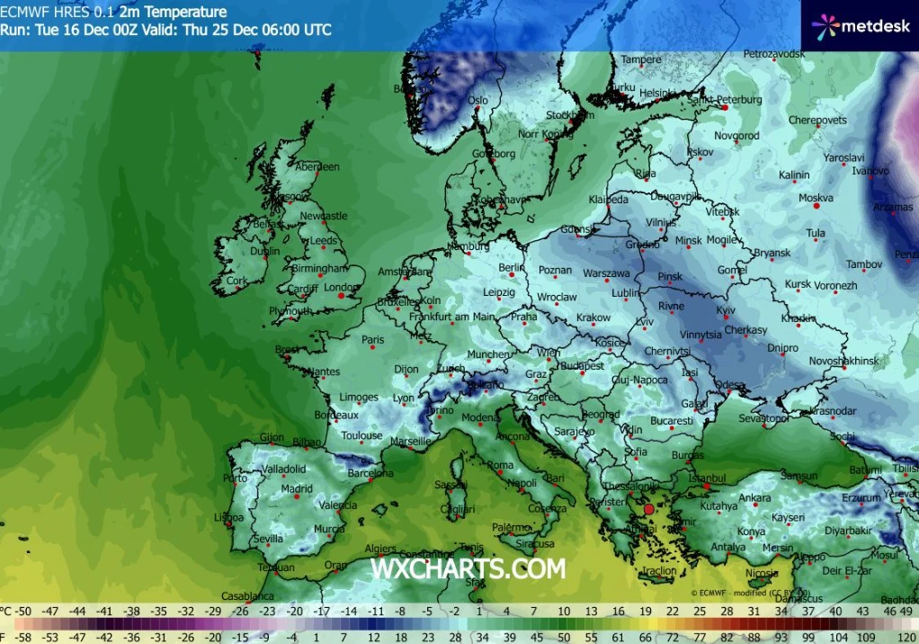 Kolorowa mapa Europy prezentująca prognozowane temperatury powietrza na wysokości 2 metrów, z wyraźnie zaznaczonymi strefami zimna i ciepła oraz nazwami wybranych miast i granicami państw.