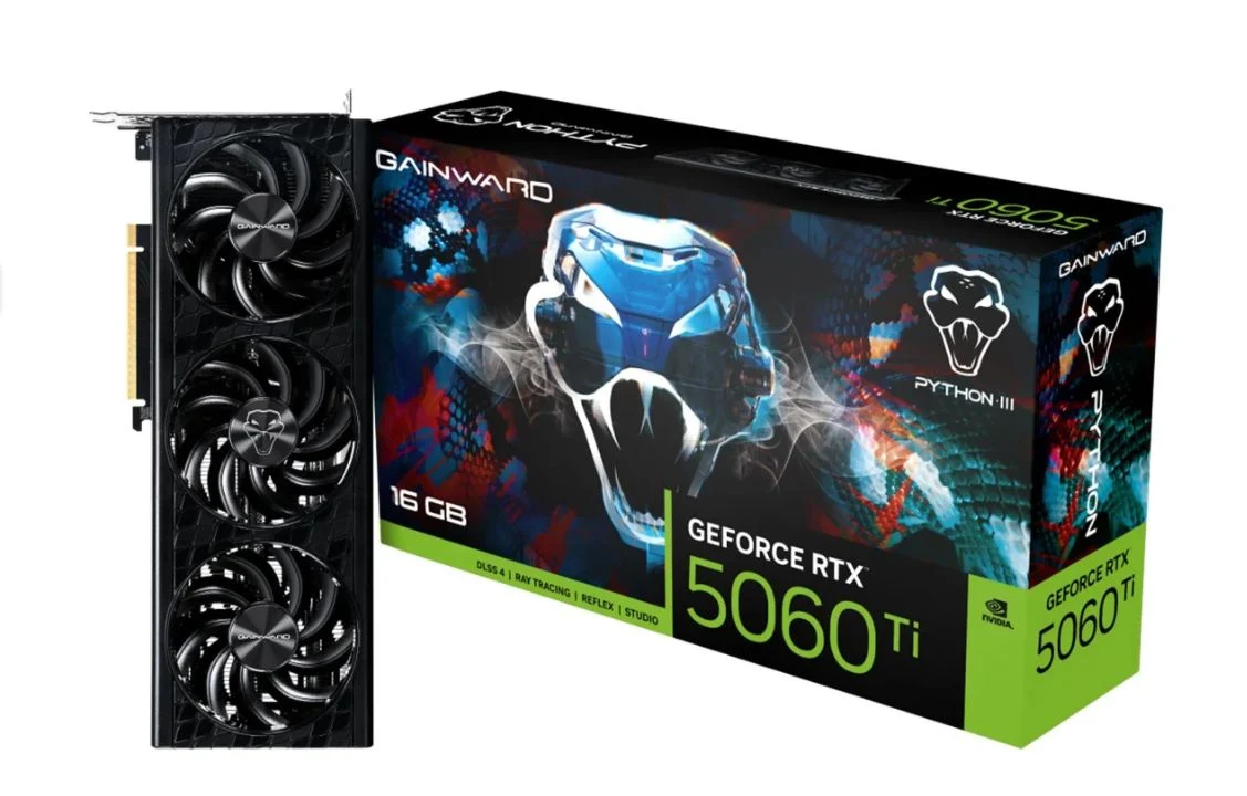 Karta graficzna Gainward GeForce RTX 5060 Ti z 16 GB pamięci, obok oryginalnego czarno-zielonego opakowania z dynamiczną grafiką przedstawiającą motyw czaszki i logo Python III.