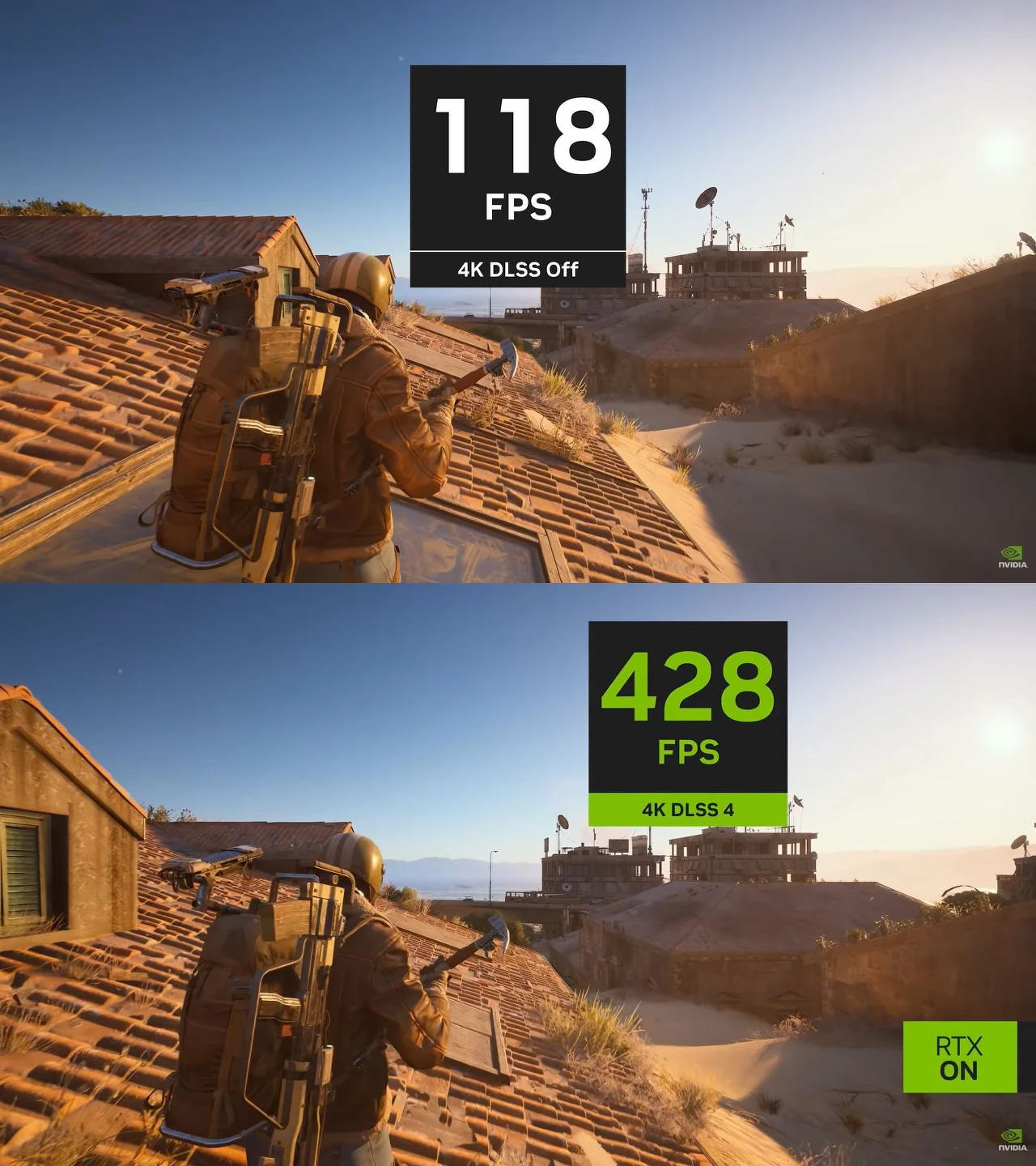 Porównanie wydajności gry komputerowej z wyłączoną oraz włączoną technologią DLSS 4K. Dwie niemal identyczne sceny wirtualnego świata z postacią gracza na tle zabudowań pustynnych, wyraźnie widoczna poprawa liczby klatek na sekundę po włączeniu opcji RTX.