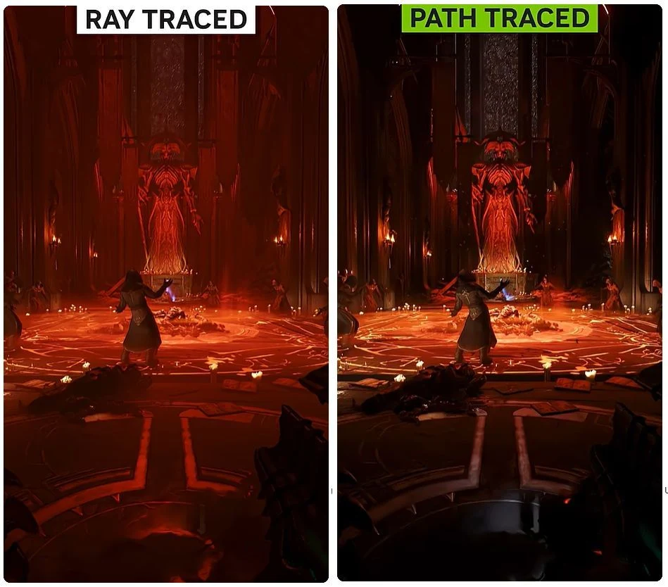 Porównanie dwóch wersji grafiki komputerowej przedstawiających mroczną scenę z postacią stojącą przed wielką, czerwoną statuą w katedrze o intensywnym czerwonym oświetleniu; po lewej stronie scena z użyciem ray tracingu, po prawej z path tracingu.