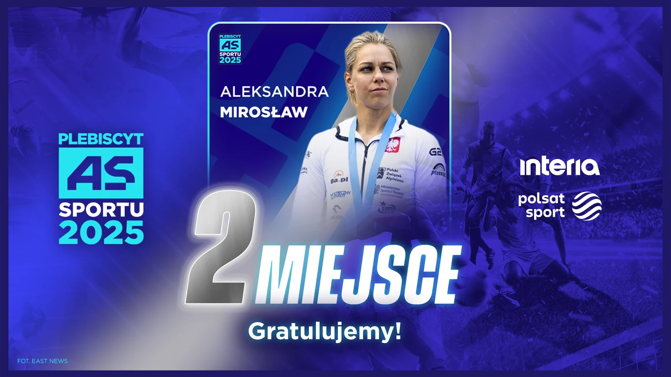 Aleksandra Mirosław - 2. miejsce Portret Aleksandry Mirosław w sportowej odzieży na tle grafiki z informacją o zajęciu drugiego miejsca w plebiscycie AS Sportu 2025, uzupełniony logo stacji telewizyjnych i napisem gratulacyjnym.