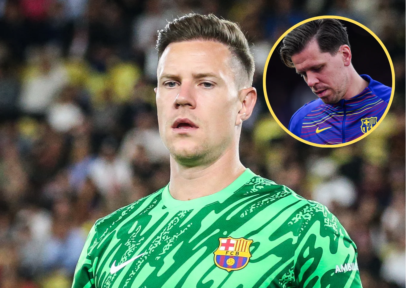 W meczu Pucharu Króla Marc-Andre ter Stegen stanął między słupkami kosztem Wojciecha Szczęsnego Piłkarz w zielonym stroju bramkarskim z herbem FC Barcelona na pierwszym planie, w górnym rogu okrągłe wstawka przedstawiająca drugiego sportowca w niebieskiej koszulce, pochylonego w dół; rozmyte tło stadionu.
