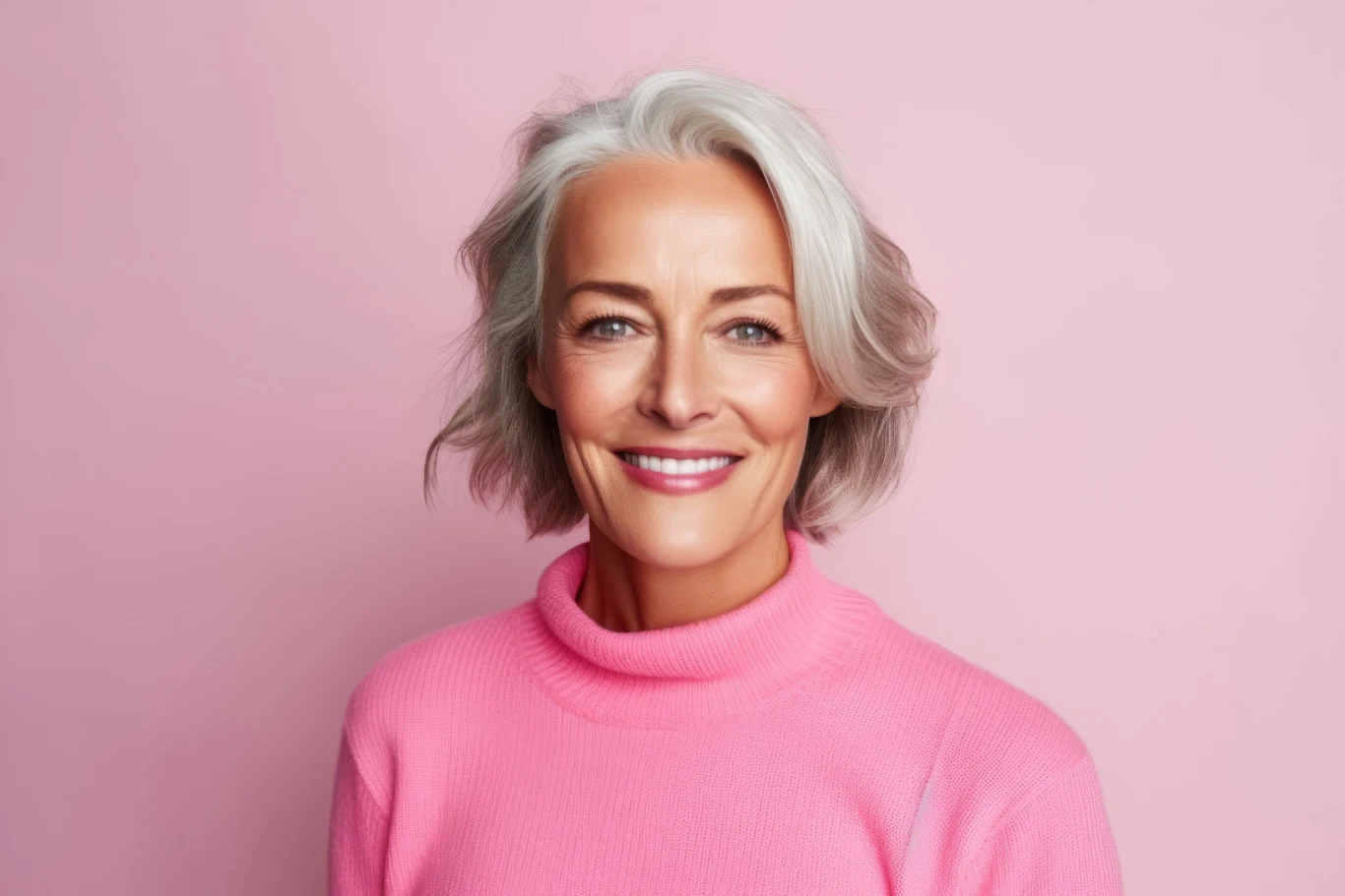 Uśmiechnięta kobieta z siwymi włosami w różowym swetrze na różowym tle.