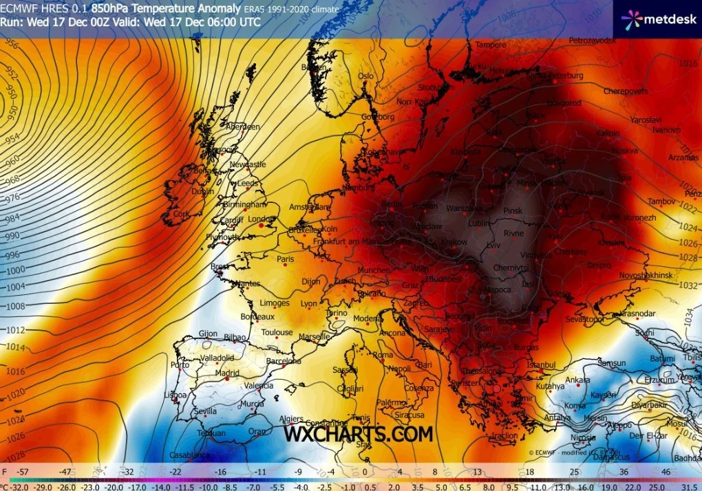 Mapa Europy z prognozą anomalii temperatury na tle normy wieloletniej, wskazująca intensywne ocieplenie we wschodniej i północno-wschodniej części kontynentu, zaznaczone obszary o wyraźnie podwyższonych temperaturach.