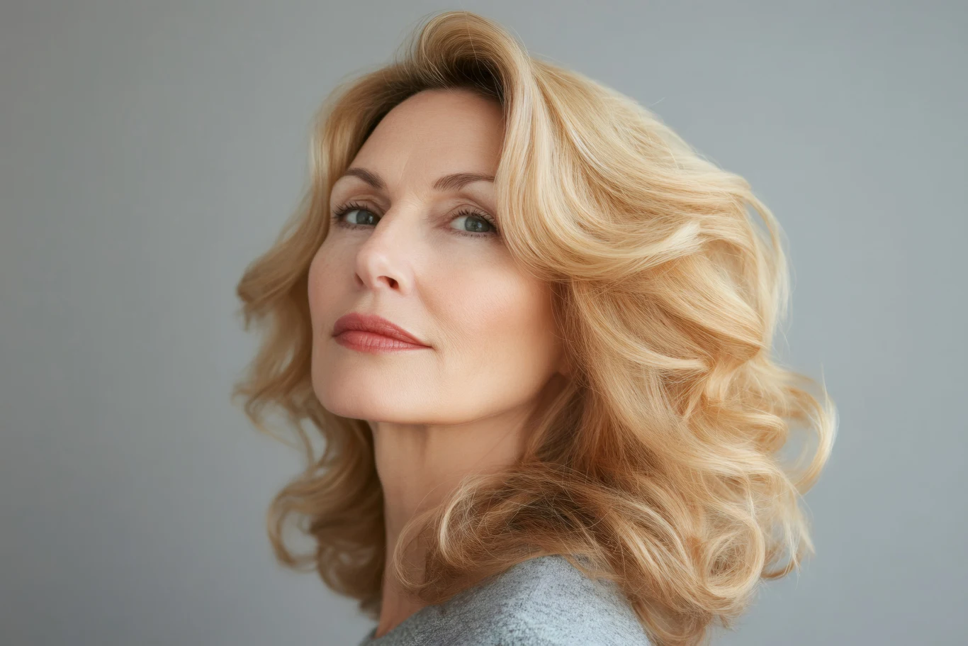 Kobieta o jasnych blond włosach, z lekkim uśmiechem i spokojnym wyrazem twarzy, sfotografowana na neutralnym, szarym tle.