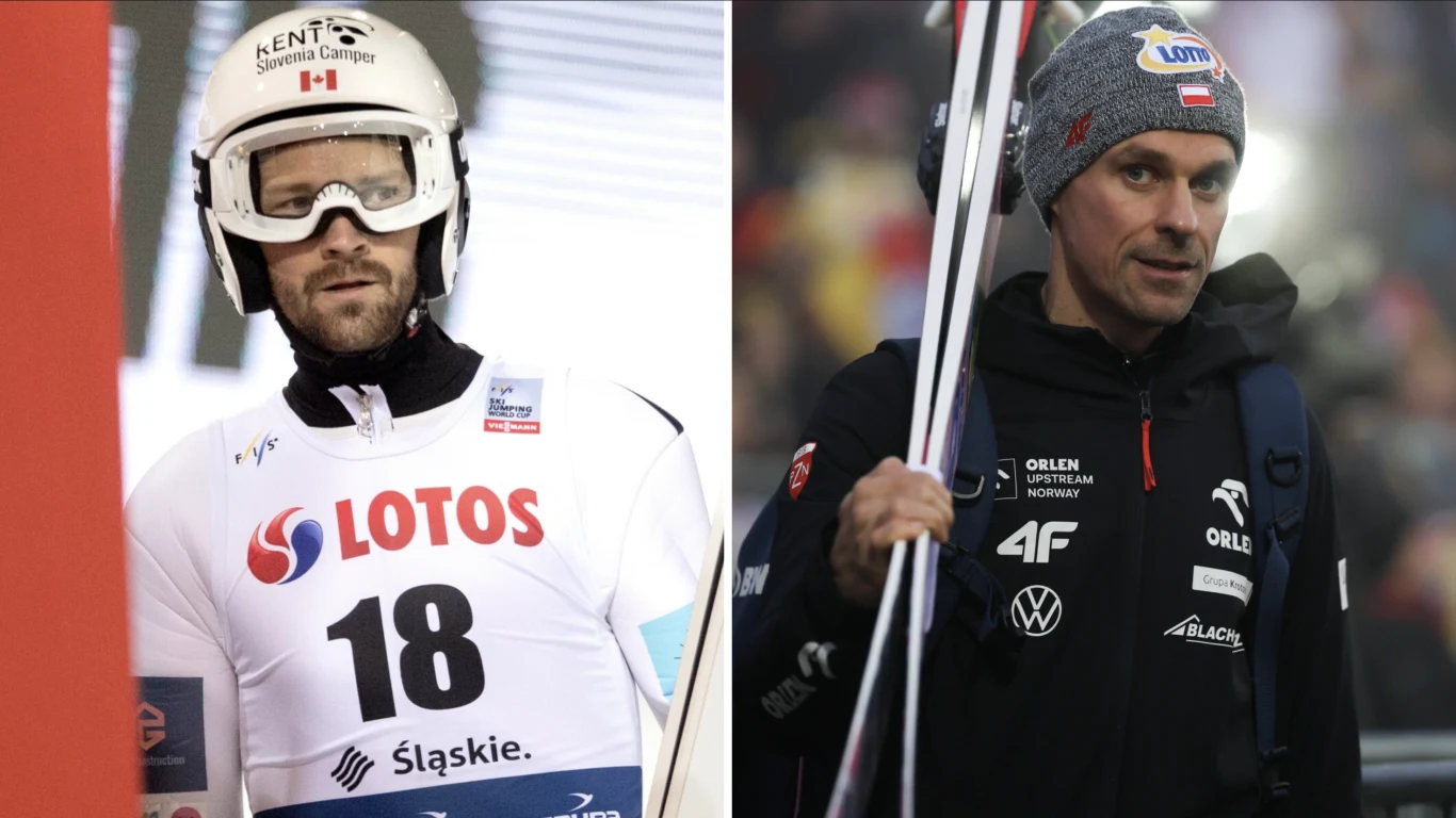 Dwóch mężczyzn związanych ze skokami narciarskimi, po lewej zawodnik w kasku, goglach i stroju startowym z numerem 18 oraz logotypami sponsorów, po prawej trener lub członek sztabu w kurtce, czapce i z nartami na ramieniu, obaj widoczni w zimowej scenerii