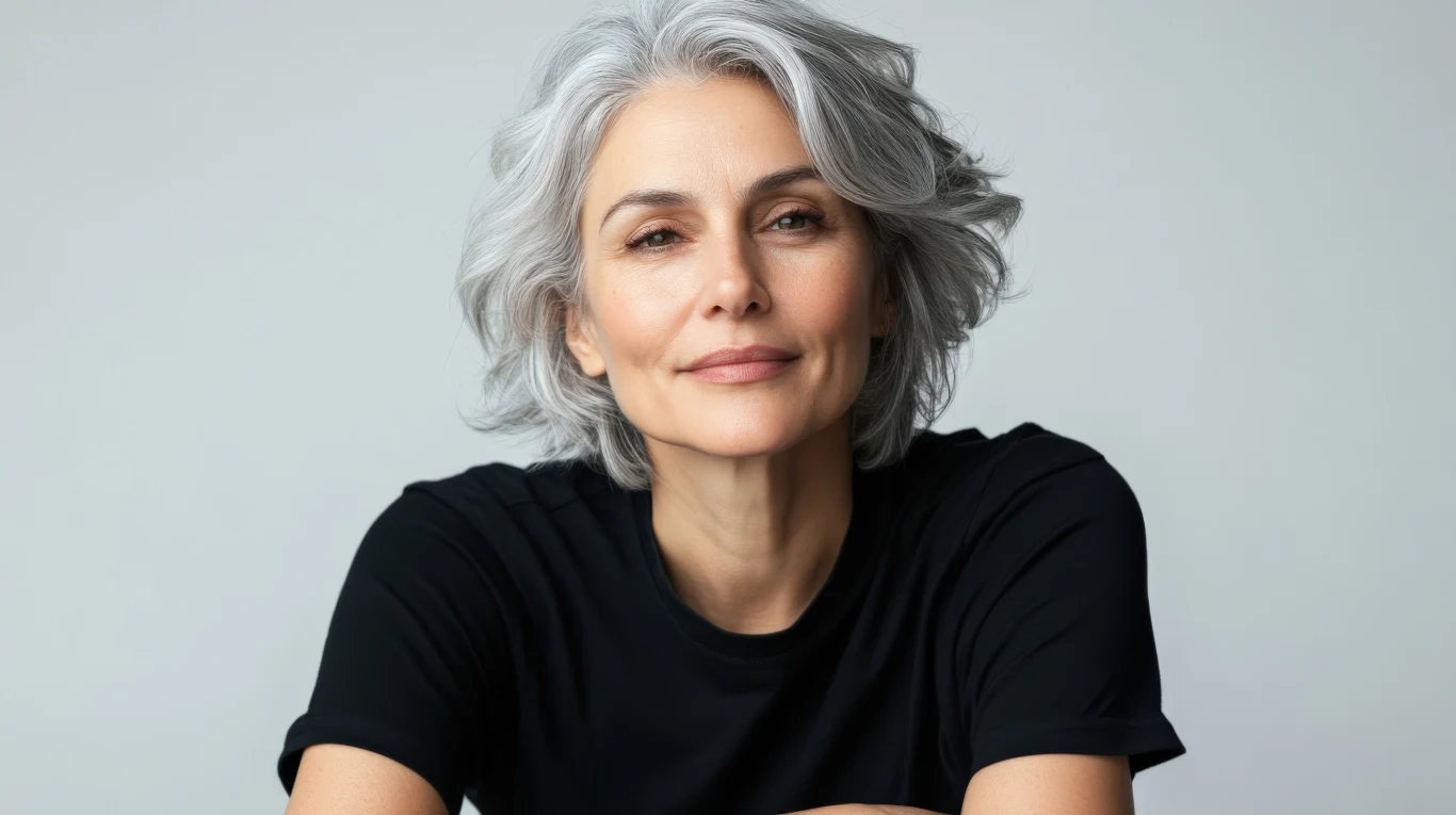 Szczupła kobieta o siwych, krótkich włosach i naturalnym makijażu w czarnym t-shircie, patrząca spokojnie, z lekkim uśmiechem, na jasnym, neutralnym tle.