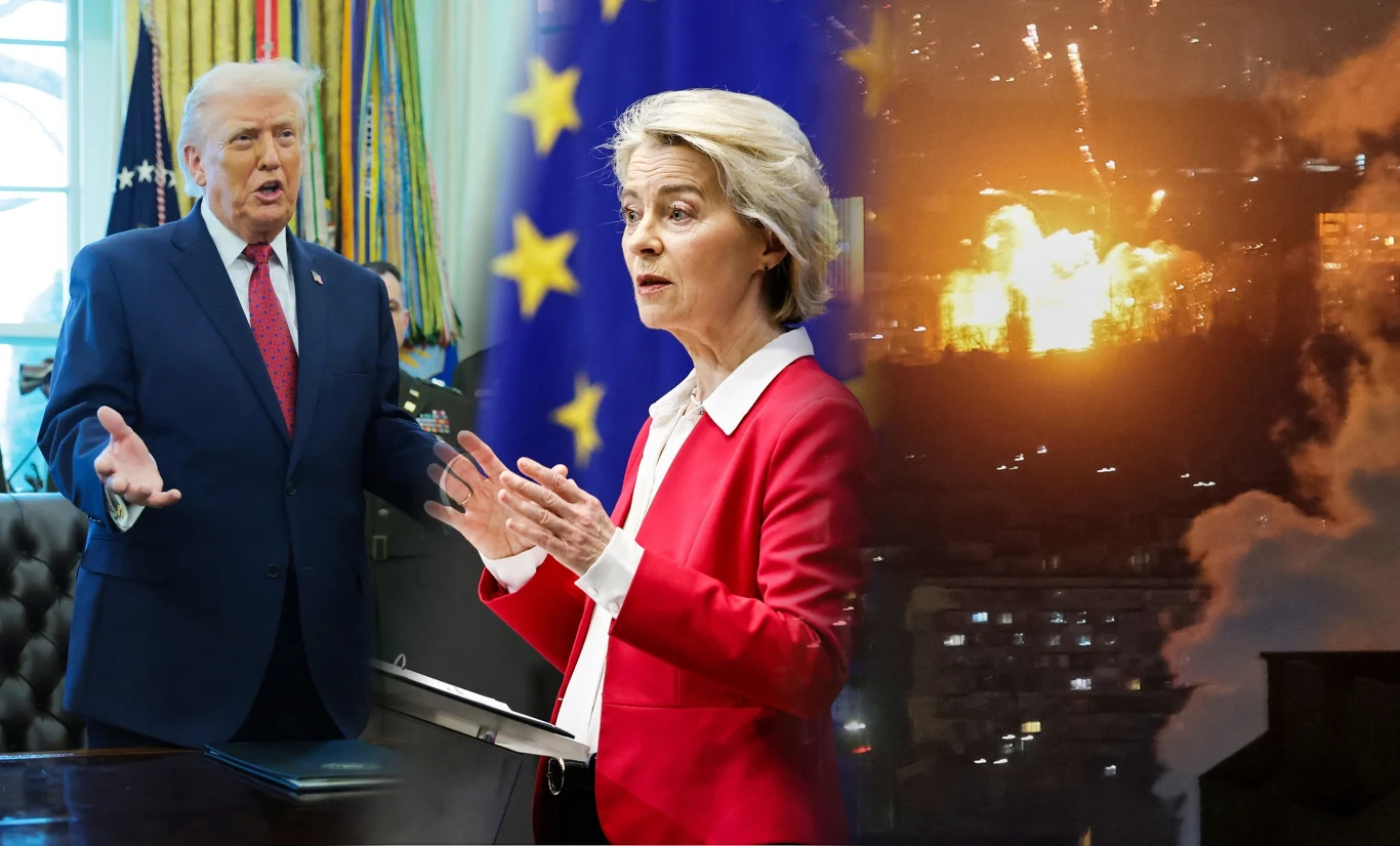 UE dyskutuje o wykorzystaniu rosyjskich aktywów, w tle zakulisowe działania USA Po lewej stronie mężczyzna w garniturze przemawia w eleganckim gabinecie z amerykańską flagą w tle, w centrum kobieta w czerwonej marynarce na tle flagi Unii Europejskiej, po prawej eksplozja i płonący budynek nocą.