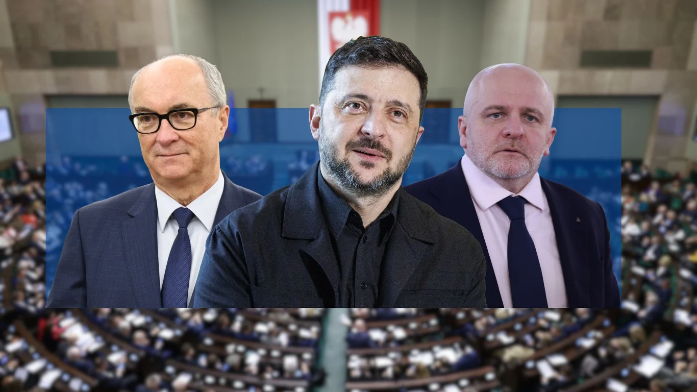 Prezydent Ukrainy Wołodymyr Zełenski spotka się w Sejmie RP m.in. z marszałkiem Włodzimierzem Czarzastym i szefem komisji SZ Pawłem Kowalem Trzech mężczyzn w garniturach i marynarkach stoi na tle sali sejmowej z polską flagą.