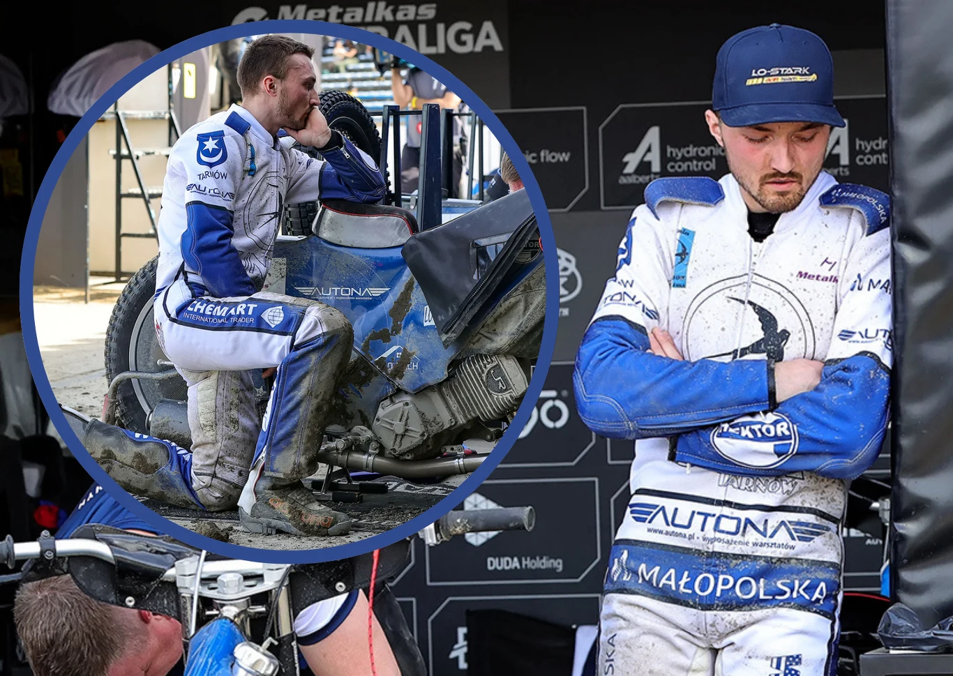 Niektórzy mówią, że Unię Tarnów może uratować już tylko modlitwa. Zaczął się wyścig z czasem, licencja na 2026 wisi na włosku. Zawodnik żużlowy w białoniebieskim kombinezonie i czapce, stoi ze skrzyżowanymi rękami i zamyślonym wyrazem twarzy. W okrągłym powiększeniu ten sam zawodnik siedzi na motocyklu żużlowym, opierając łokieć na kolanie i spoglądając w dal, wyraźnie zamyślo...