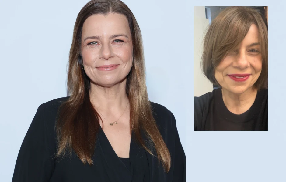 Dwie kobiety, jedna w średnim wieku z długimi, brązowymi włosami i delikatnym uśmiechem, ubrana w ciemny strój na jasnym tle, oraz druga na mniejszym zdjęciu z asymetryczną fryzurą, również uśmiechnięta, ubrana na czarno.