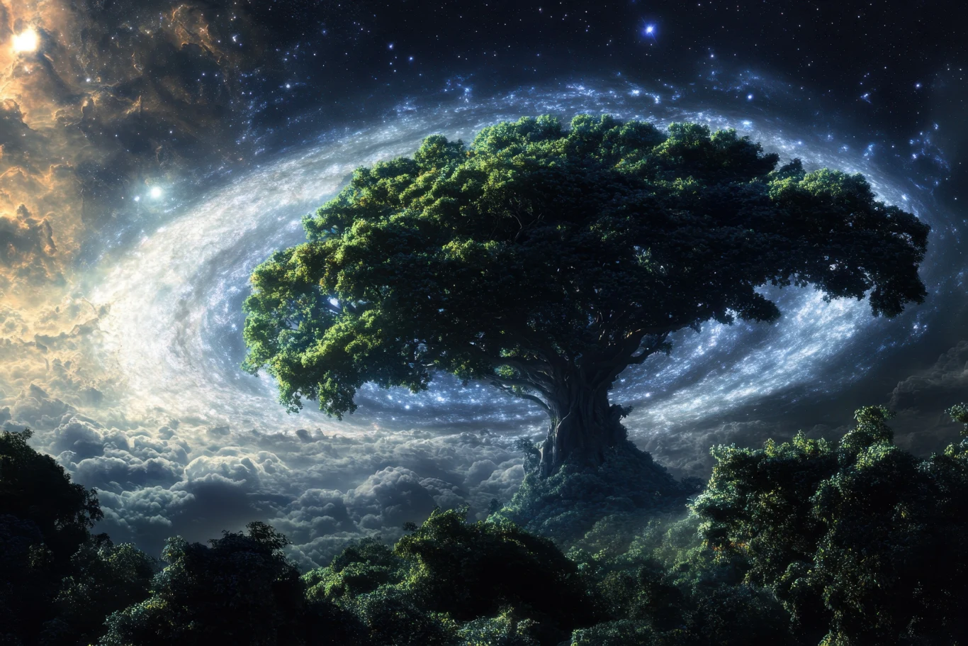 Olbrzymie, rozłożyste drzewo rośnie na tle wirującej galaktyki, otoczone gęstymi chmurami i kosmicznym niebem pełnym gwiazd, tworząc fantastyczny krajobraz łączący naturę z elementami wszechświata.