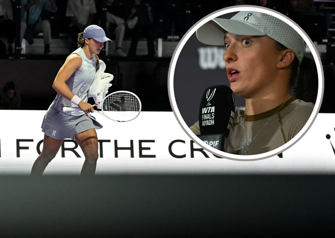 Iga Świątek została wyróżniona przez Billie Jean King Cup Tenisistka w sportowej stylizacji na korcie podczas meczu, w tle widoczna publiczność. W okrągłej ramce zbliżenie jej twarzy podczas udzielania wywiadu mikrofonem z logo WTA Finals.