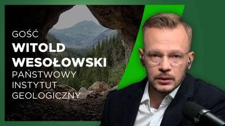 Mężczyzna w garniturze i okularach siedzi przed mikrofonem, po lewej stronie widoczne jest wejście do jaskini z widokiem na górską dolinę i las, obok znajduje się napis z imieniem gościa i nazwą instytutu.