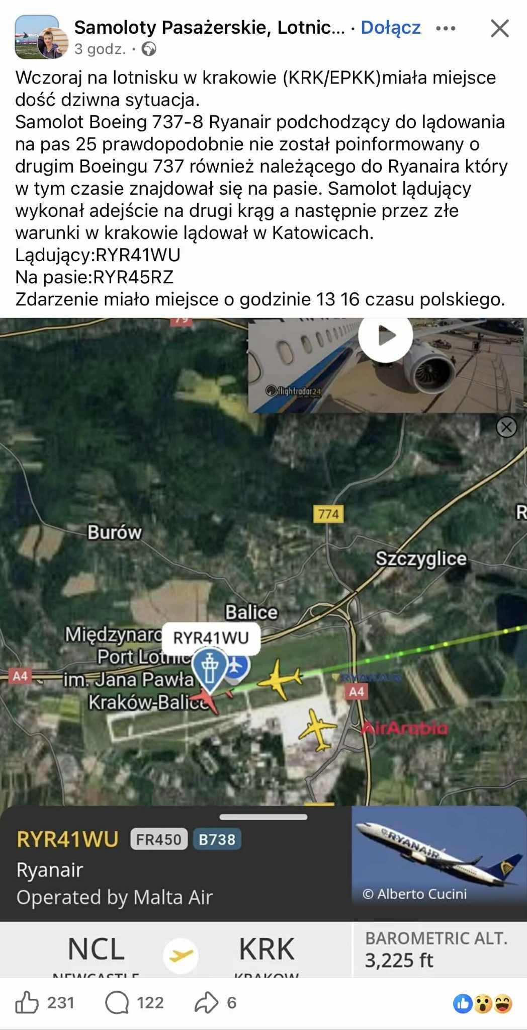 Fragment mapy lotniczej z danymi dotyczącymi ruchu lotniczego wokół lotniska Kraków-Balice oraz zdjęciem skrzydła samolotu Ryanair. Zrzut ekranu uzupełnia opis zdarzenia, w którym dwa samoloty tej samej linii mogły się spotkać na tym samym pasie starto...