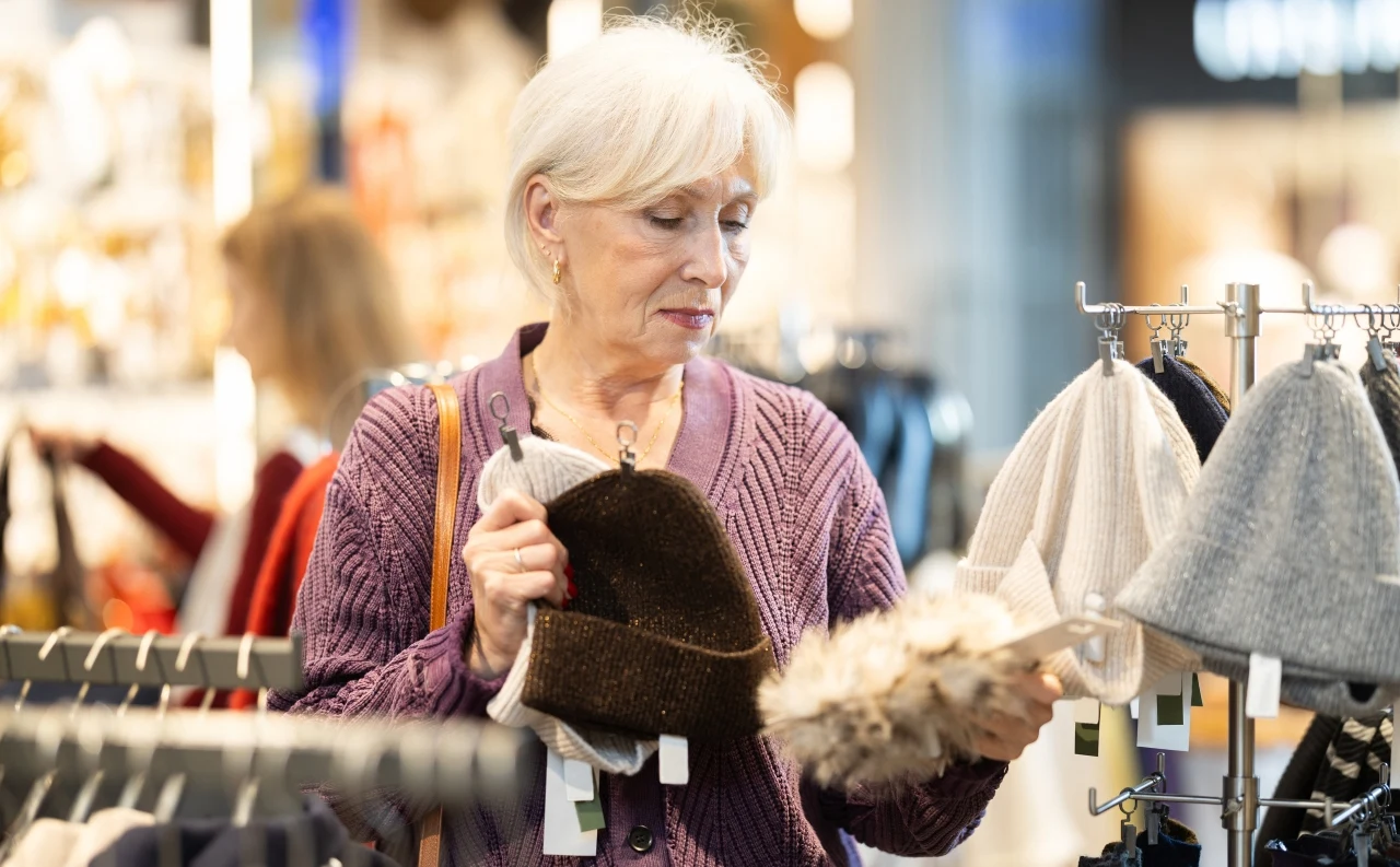 kobieta na zakupach, ogląda czapki