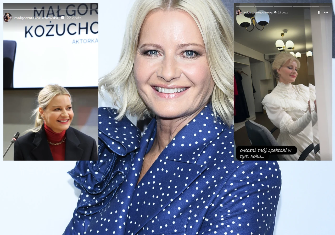 Małgorzata Kożuchowska w eleganckim niebieskim stroju w białe grochy, podczas konferencji przy mikrofonie oraz przy oknie w jasnym swetrze.