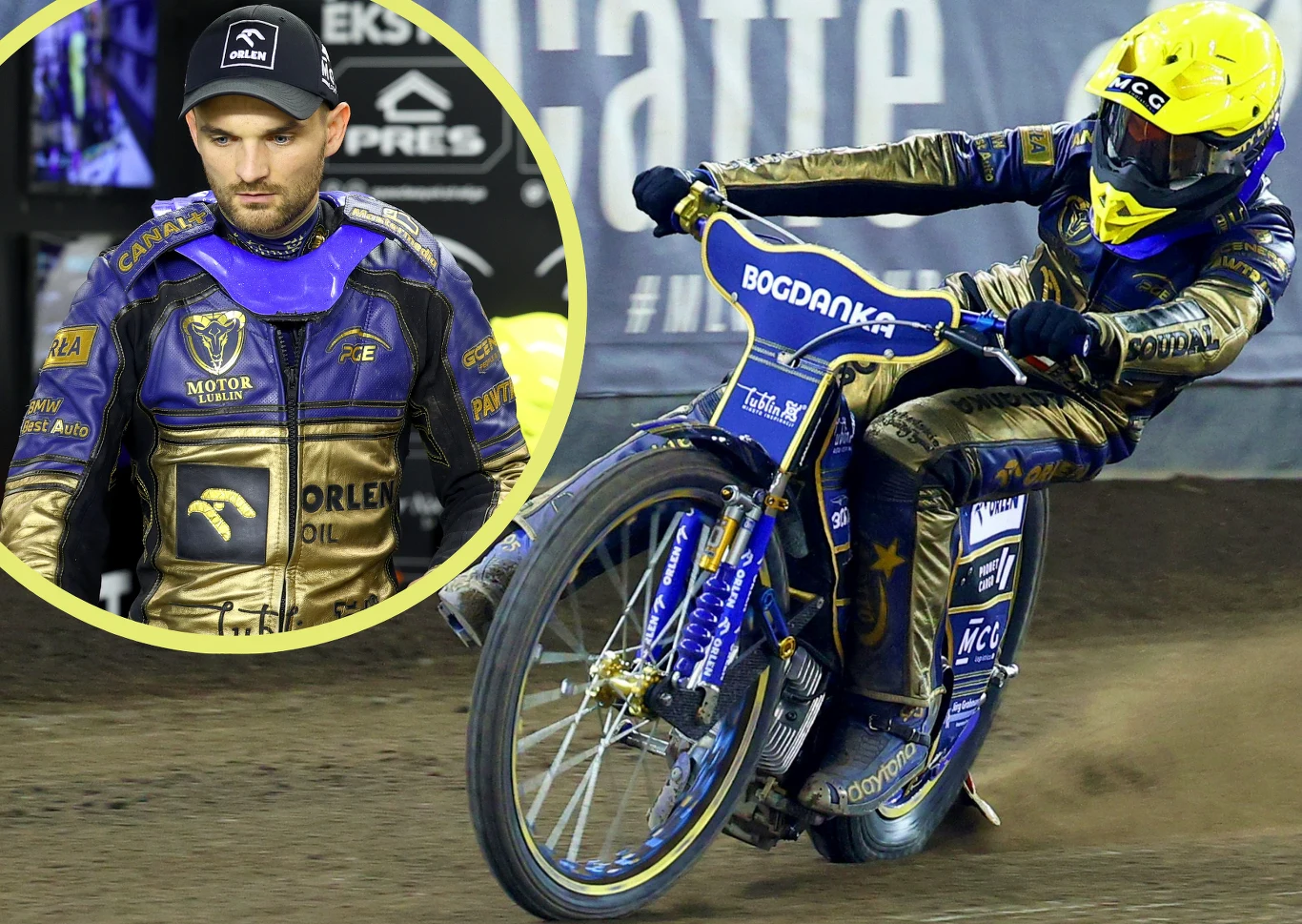 Mina Bartosza Zmarzlika może oznaczać jedno. Już nie należy pytać, czy opuści Motor, ale gdzie pójdzie. Zawodnik żużlowy w żółtym kasku jedzie na motocyklu podczas wyścigu na stadionie. W okręgu po lewej stronie widać zbliżenie tej samej osoby w stroju sportowym i czapce z daszkiem. Kombinezon ozdobiony jest logotypami sponsorów.