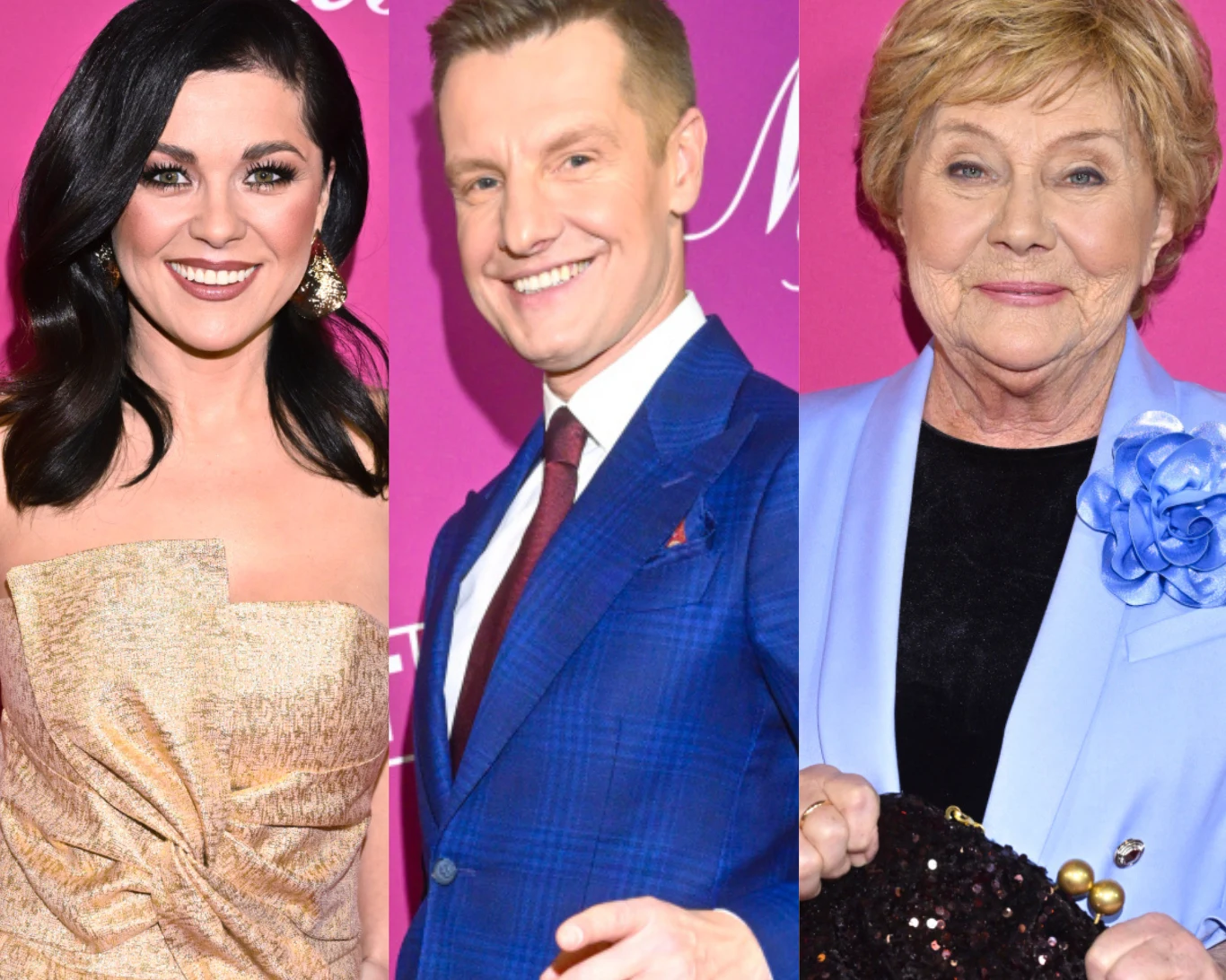 Kto zarabia najwięcej w "M jak miłość"? Trzy elegancko ubrane osoby pozujące na tle różowej ścianki, kobieta w złotej sukni, mężczyzna w niebieskim garniturze i starsza kobieta z broszką w kwiatowym kształcie.