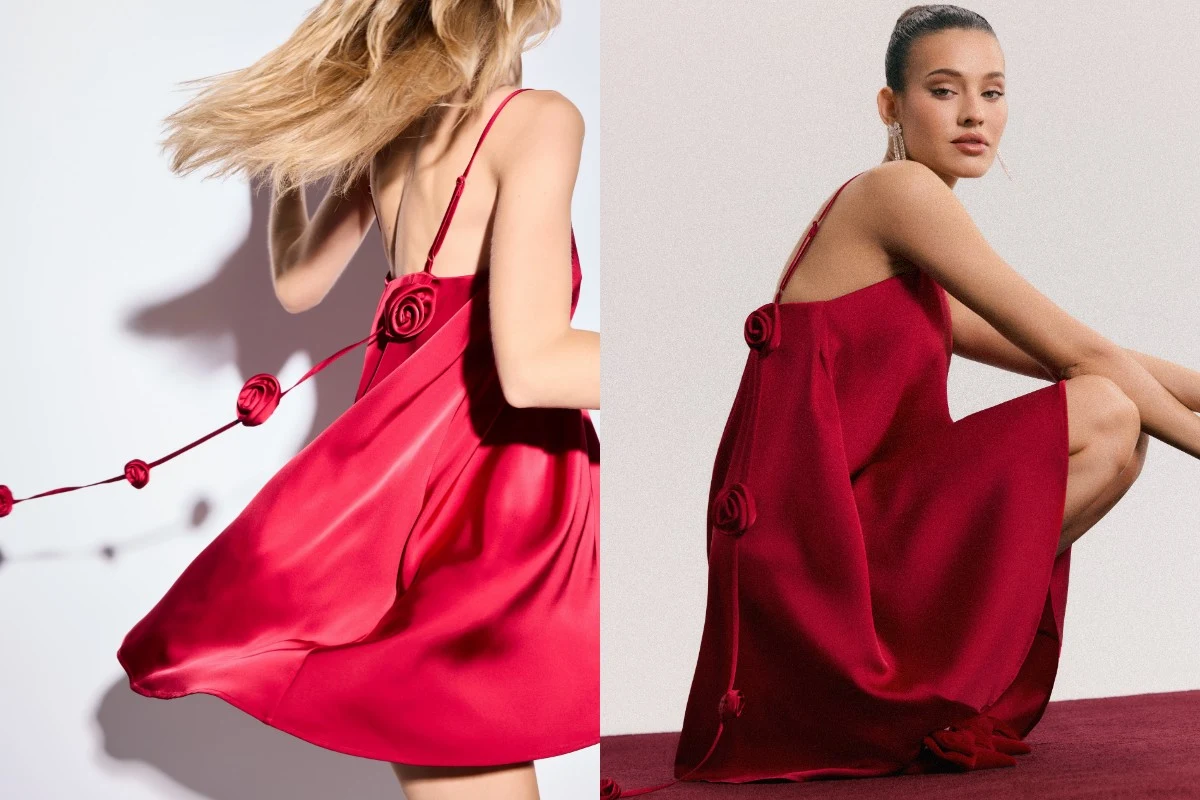 Czerwona sukienka na ramiączkach ozdobiona dekoracyjnymi różami z materiału, noszona przez dwie kobiety w różnych pozach na jasnym tle.